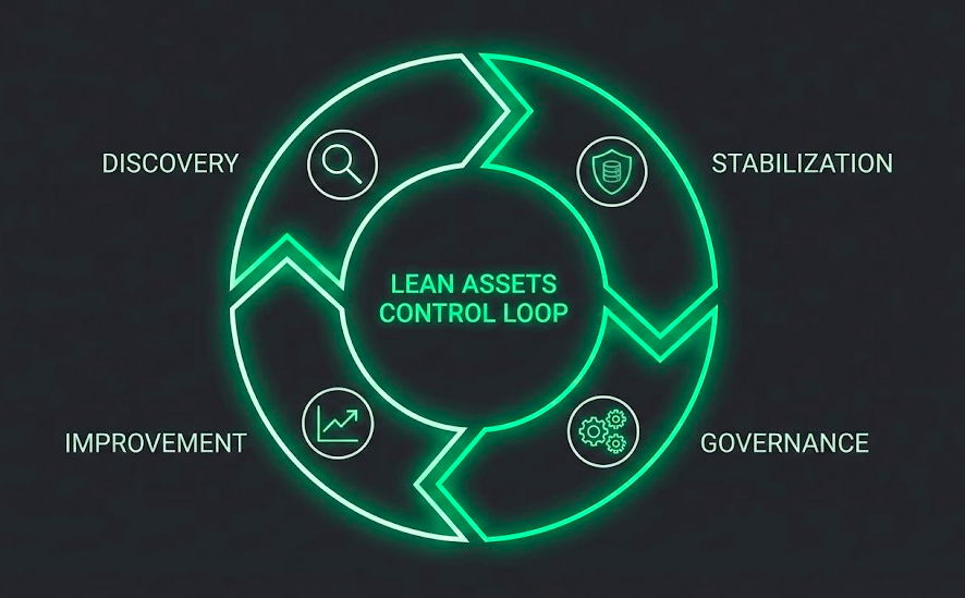 The Lean Assets Control Loop: Discovery -> Stabilization -> Governance -> Improve